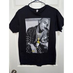 Tupac Shakur Graphic T-Shirt Mens Medium Black Gold Foil Jewelry Rap Tee Alstyle
